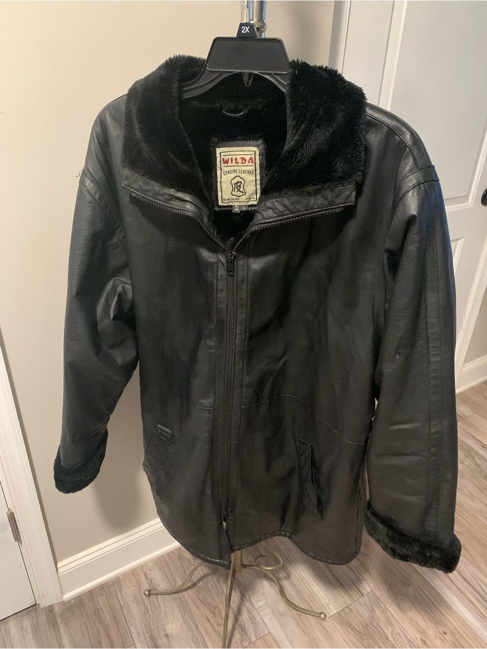 WILDA Black Leather Pea Coat with Faux Fur Collar